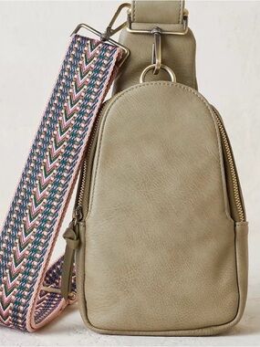 Anthropologie Olive Green Crossbody Bag with Pink & Teal Woven Strap